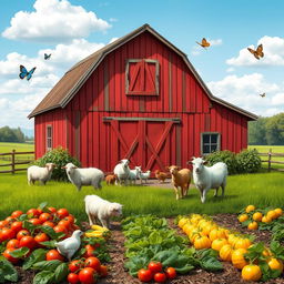 A picturesque rustic farmyard scene featuring a charming red barn surrounded by lush green fields