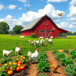 A picturesque rustic farmyard scene featuring a charming red barn surrounded by lush green fields