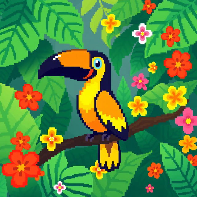 A charming pixel art depiction of a toucan, showcasing its iconic bright yellow and orange feathers along with a large, vibrant black beak