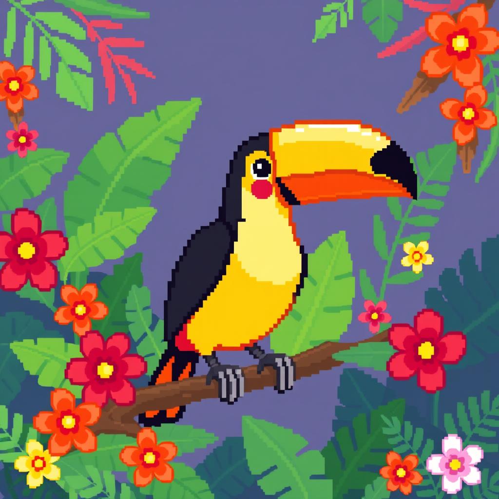 A charming pixel art depiction of a toucan, showcasing its iconic bright yellow and orange feathers along with a large, vibrant black beak