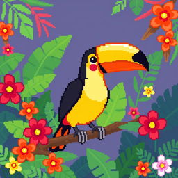 A charming pixel art depiction of a toucan, showcasing its iconic bright yellow and orange feathers along with a large, vibrant black beak