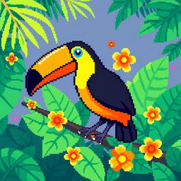 A charming pixel art depiction of a toucan, showcasing its iconic bright yellow and orange feathers along with a large, vibrant black beak