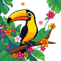A charming pixel art depiction of a toucan, showcasing its iconic bright yellow and orange feathers along with a large, vibrant black beak