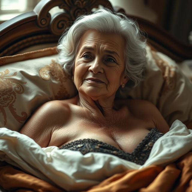 An artistic portrayal of an elderly woman with a confident expression, featuring fuller breasts, gracefully reclining on a richly adorned bed