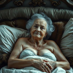 An artistic portrayal of an elderly woman with a confident expression, featuring fuller breasts, gracefully reclining on a richly adorned bed