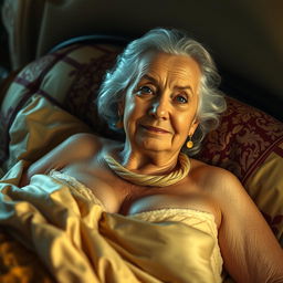 An artistic portrayal of an elderly woman with a confident expression, featuring fuller breasts, gracefully reclining on a richly adorned bed