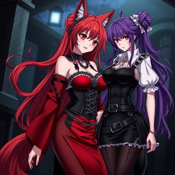 A seductive gothic anime scene featuring two characters: a Kitsune girl with long, flowing red hair styled in a bun and adorned with chains, wearing a silky red and black Japanese-style dress