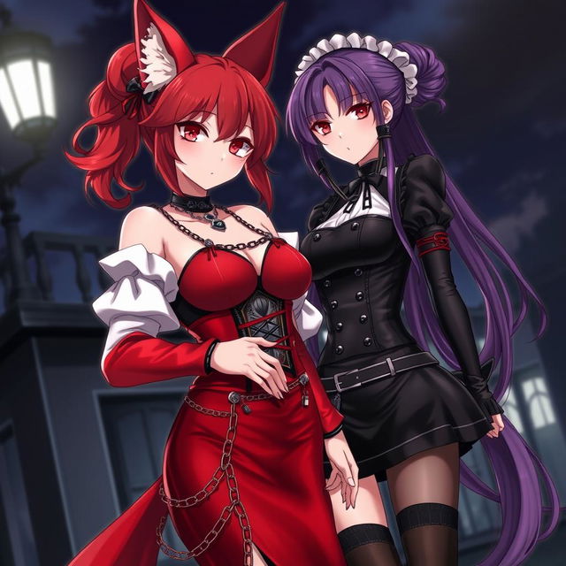 A seductive gothic anime scene featuring two characters: a Kitsune girl with long, flowing red hair styled in a bun and adorned with chains, wearing a silky red and black Japanese-style dress