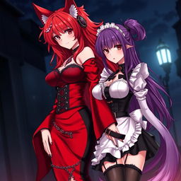 A seductive gothic anime scene featuring two characters: a Kitsune girl with long, flowing red hair styled in a bun and adorned with chains, wearing a silky red and black Japanese-style dress