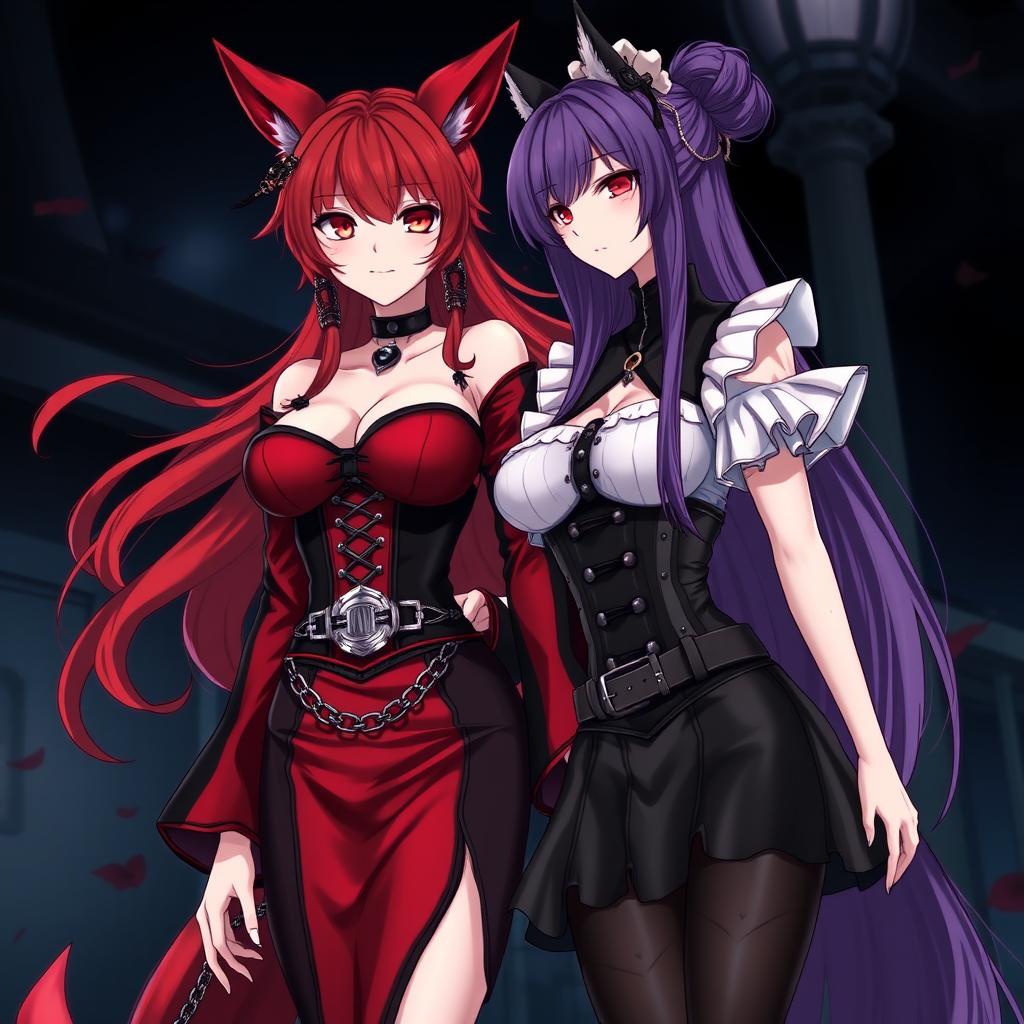 A seductive gothic anime scene featuring two characters: a Kitsune girl with long, flowing red hair styled in a bun and adorned with chains, wearing a silky red and black Japanese-style dress