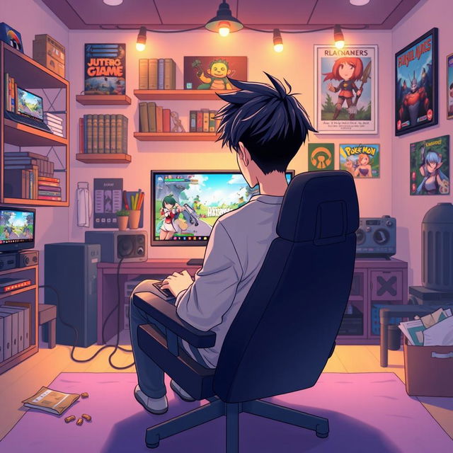 An anime style illustration of a young man playing video games in a cozy room, viewed from behind