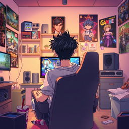 An anime style illustration of a young man playing video games in a cozy room, viewed from behind