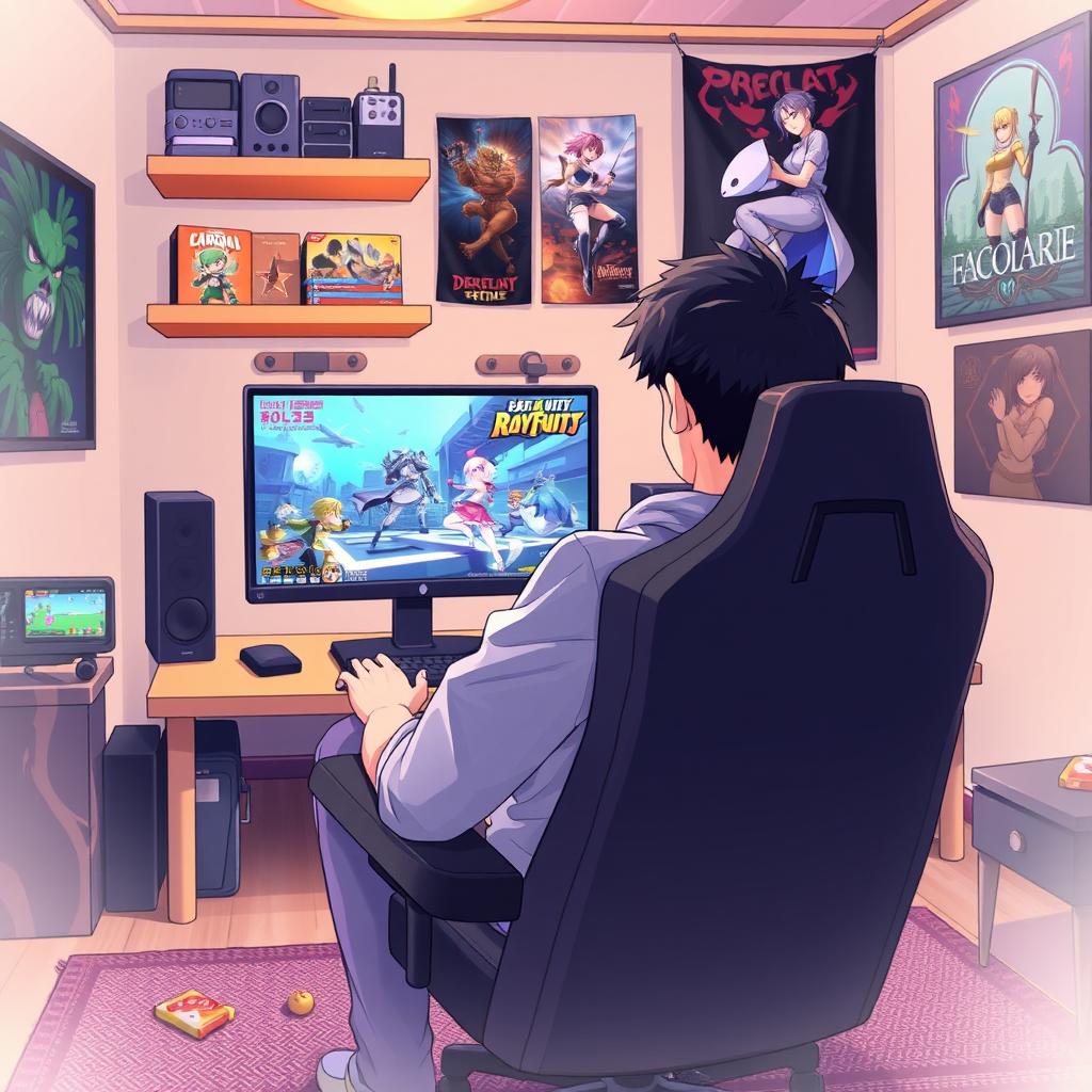 An anime style illustration of a young man playing video games in a cozy room, viewed from behind