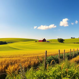 A serene rural landscape showcasing a distant view of a charming farm surrounded by lush green fields filled with vibrant crops