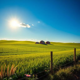 A serene rural landscape showcasing a distant view of a charming farm surrounded by lush green fields filled with vibrant crops