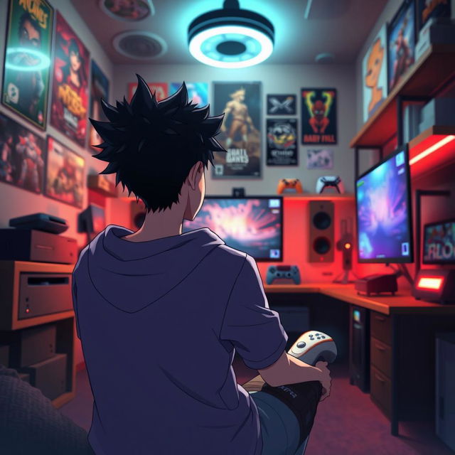 An anime guy with spiky hair, wearing a casual gaming outfit, sitting in a cozy gaming room