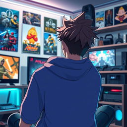 An anime guy with spiky hair, wearing a casual gaming outfit, sitting in a cozy gaming room