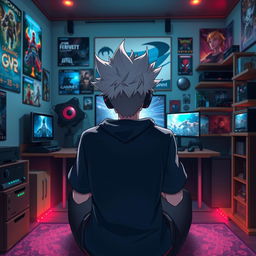 An anime guy with spiky hair, wearing a casual gaming outfit, sitting in a cozy gaming room