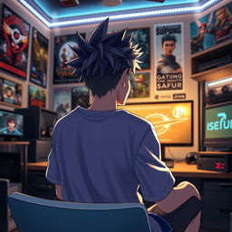 An anime guy with spiky hair, wearing a casual gaming outfit, sitting in a cozy gaming room