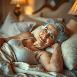 A realistic and artistic portrayal of an elderly woman lounging gracefully on a bed