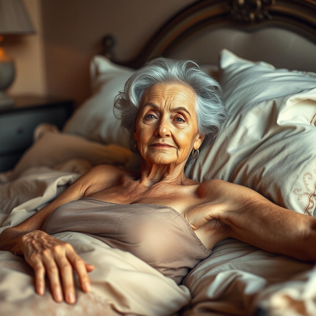 A realistic and artistic portrayal of an elderly woman lounging gracefully on a bed