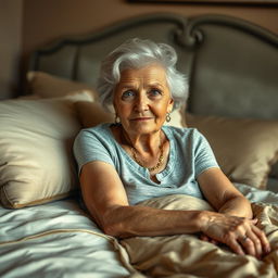 A realistic and artistic portrayal of an elderly woman lounging gracefully on a bed