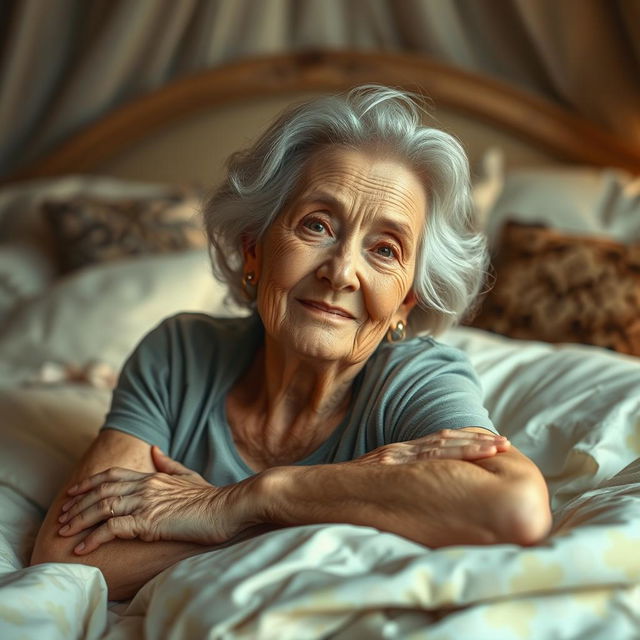 A realistic and artistic portrayal of an elderly woman lounging gracefully on a bed