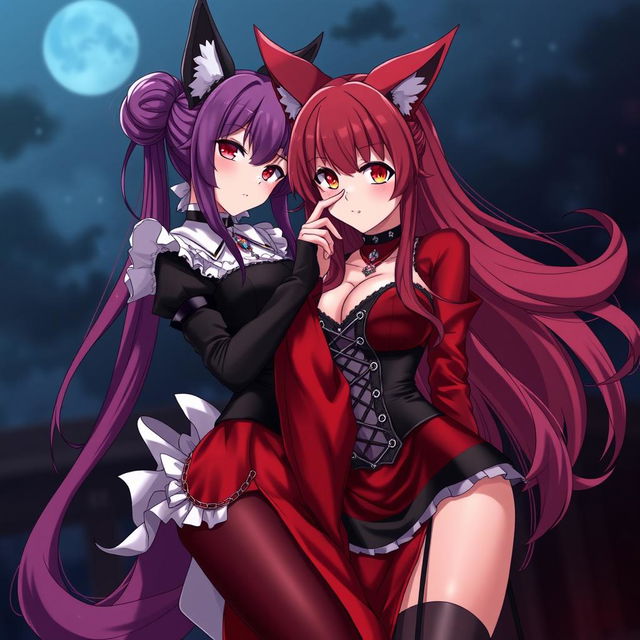 A sensual gothic anime scene featuring two Kitsune girls: one with long, flowing red hair styled in a bun, dressed in a sexy, silky red and black Japanese-style dress