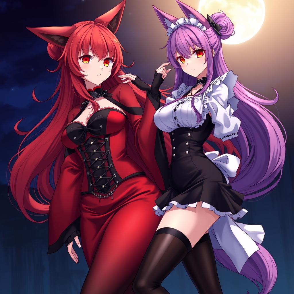 A sensual gothic anime scene featuring two Kitsune girls: one with long, flowing red hair styled in a bun, dressed in a sexy, silky red and black Japanese-style dress