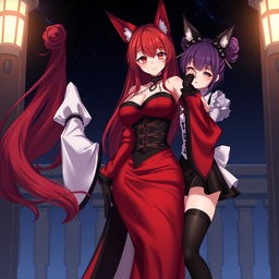 A sensual gothic anime scene featuring two Kitsune girls: one with long, flowing red hair styled in a bun, dressed in a sexy, silky red and black Japanese-style dress