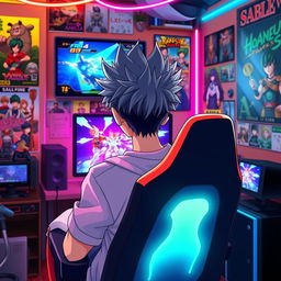 An anime-style male character, sitting in a gaming chair, immersed in playing video games
