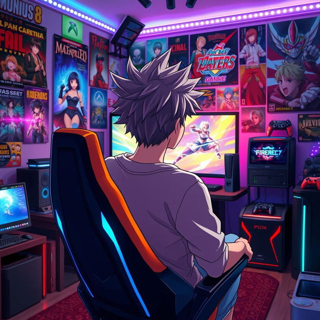 An anime-style male character, sitting in a gaming chair, immersed in playing video games