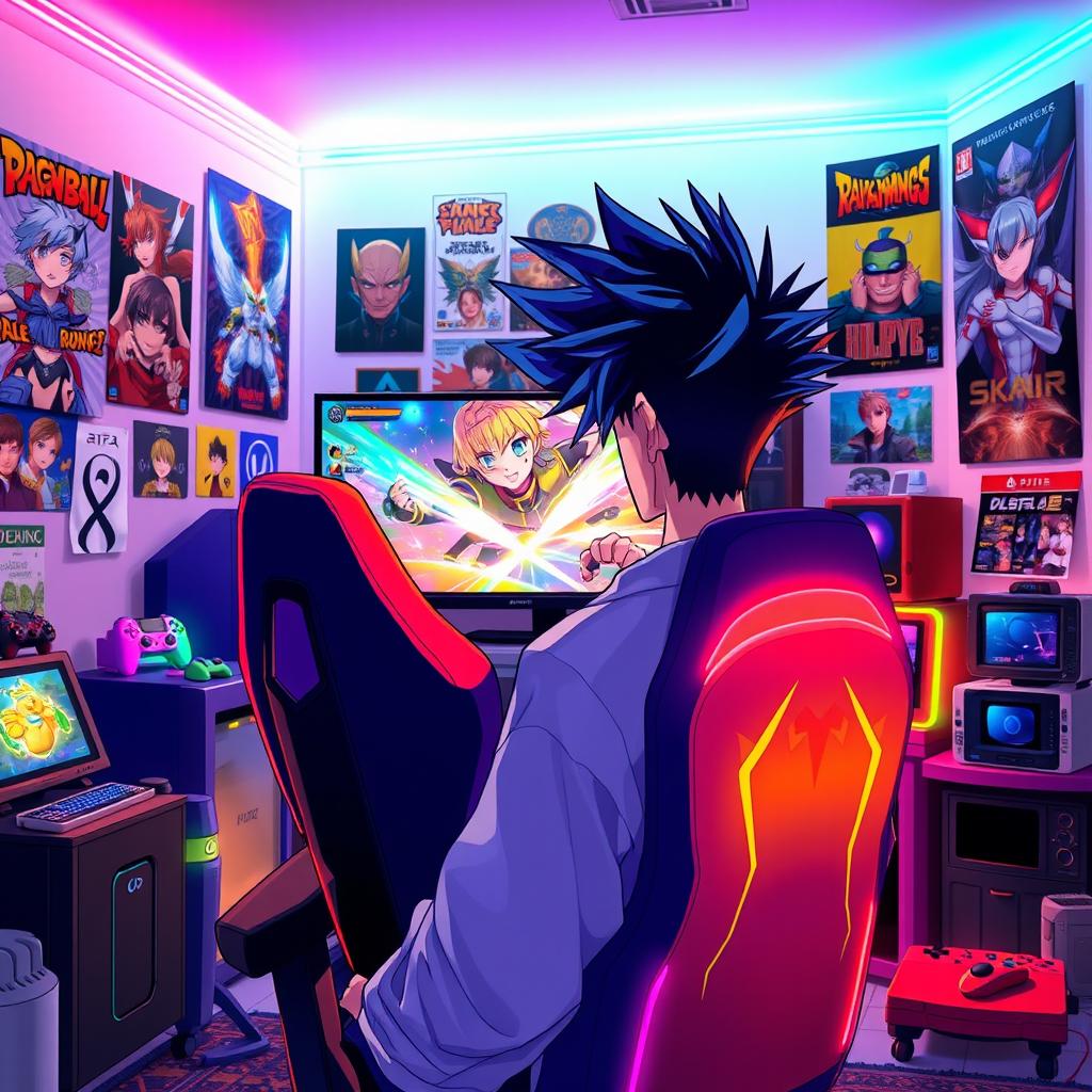 An anime-style male character, sitting in a gaming chair, immersed in playing video games