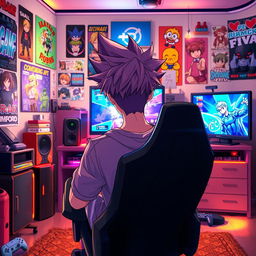 An anime-style male character, sitting in a gaming chair, immersed in playing video games