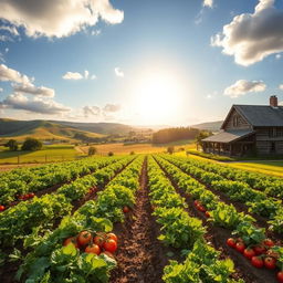 A picturesque rural landscape depicting a distant view of a farm with lush vegetable crops cultivated in neat rows