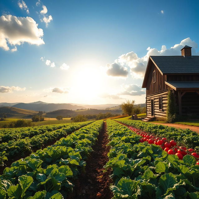 A picturesque rural landscape depicting a distant view of a farm with lush vegetable crops cultivated in neat rows