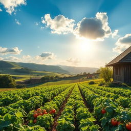 A picturesque rural landscape depicting a distant view of a farm with lush vegetable crops cultivated in neat rows