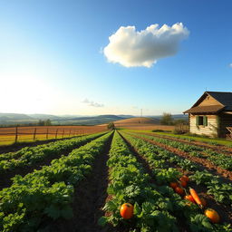 A picturesque rural landscape depicting a distant view of a farm with lush vegetable crops cultivated in neat rows