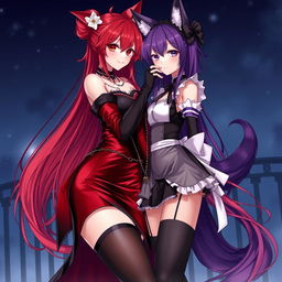 A captivating gothic anime scene featuring two Kitsune girls: one with long, flowing red hair styled in a bun, dressed in a sexy and silky red and black Japanese-style dress adorned with chains and long sleeves