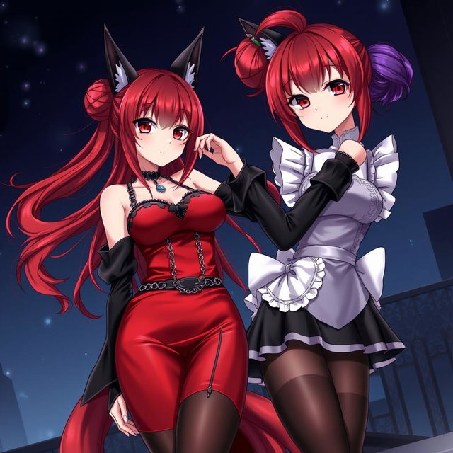 A captivating gothic anime scene featuring two Kitsune girls: one with long, flowing red hair styled in a bun, dressed in a sexy and silky red and black Japanese-style dress adorned with chains and long sleeves