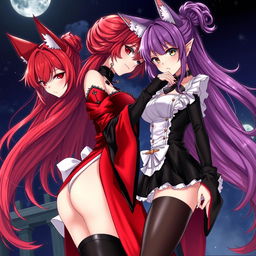 A captivating gothic anime scene featuring two Kitsune girls: one with long, flowing red hair styled in a bun, dressed in a sexy and silky red and black Japanese-style dress adorned with chains and long sleeves