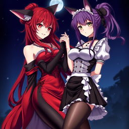 A captivating gothic anime scene featuring two Kitsune girls: one with long, flowing red hair styled in a bun, dressed in a sexy and silky red and black Japanese-style dress adorned with chains and long sleeves