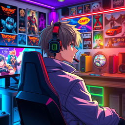 An anime-style male character, wearing a stylish jacket and gaming headphones, sitting in a gaming chair while intensely playing video games