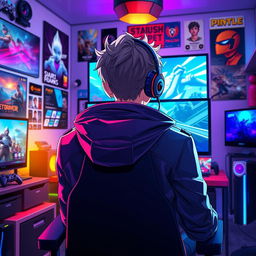 An anime-style male character, wearing a stylish jacket and gaming headphones, sitting in a gaming chair while intensely playing video games