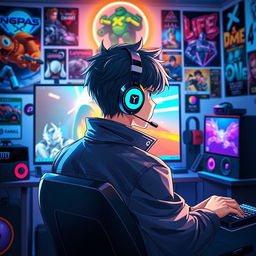 An anime-style male character, wearing a stylish jacket and gaming headphones, sitting in a gaming chair while intensely playing video games
