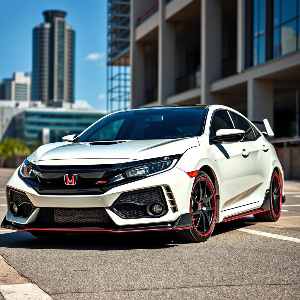 A Honda Civic Type R parked in a dynamic and stylish urban setting, showcasing its sporty design features and striking red accents