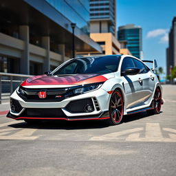 A Honda Civic Type R parked in a dynamic and stylish urban setting, showcasing its sporty design features and striking red accents