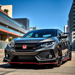 A Honda Civic Type R parked in a dynamic and stylish urban setting, showcasing its sporty design features and striking red accents