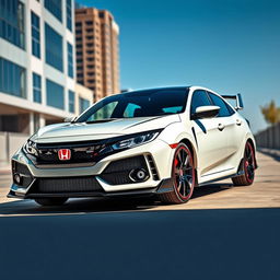 A Honda Civic Type R parked in a dynamic and stylish urban setting, showcasing its sporty design features and striking red accents