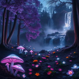 A surreal landscape featuring a mystical forest at twilight, where the trees are tall and ethereal with glowing leaves in shades of violet and blue